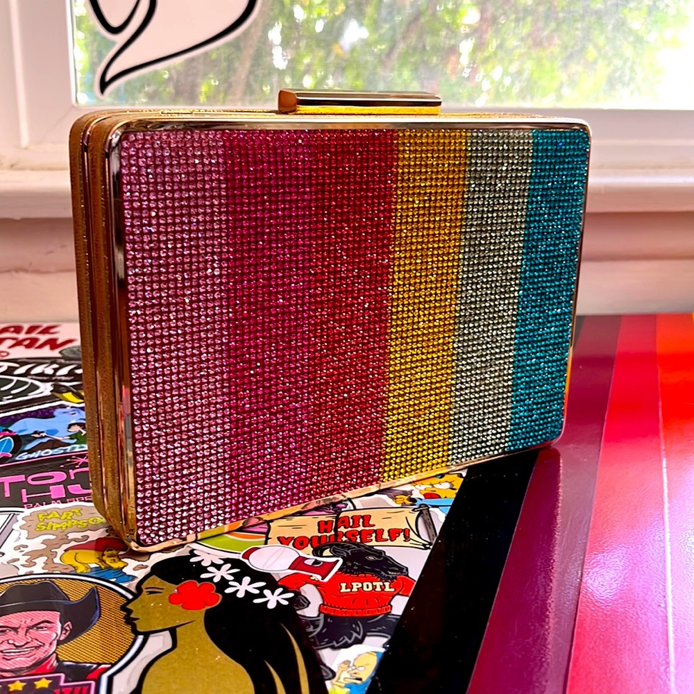 Rainbow Rhinestone Gold Hardshell Clutch
